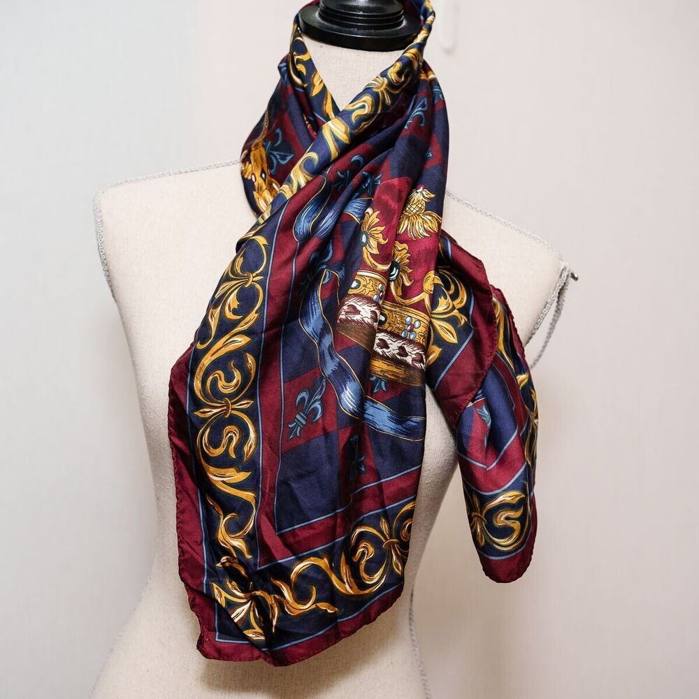 Vintage Silk Barouque crown staff checkers regal scarf 34x35‎